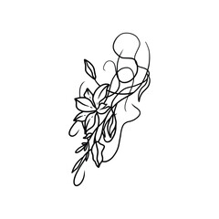 Hand drawn tattoo nature floral flowers, branches and leaves in line art style. Collection of sketches of botanical elements