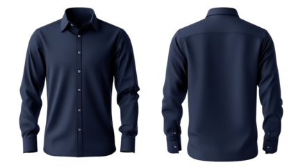 navy blue formal shirt mockup front and back view template isolated on transparent white background