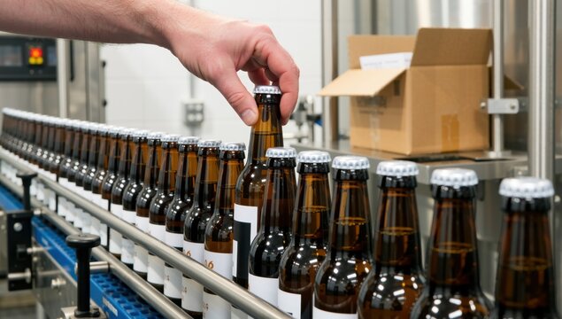 Hand placing cap on beer bottle on production line, ensuring quality control in brewery operation