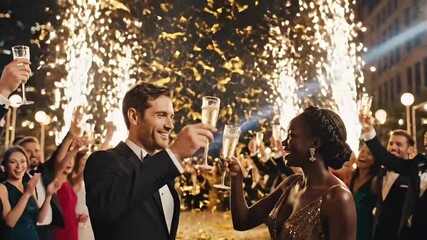 Elegant Diverse Couple Toasting with Champagne at a Grand Celebration. - Powered by Adobe