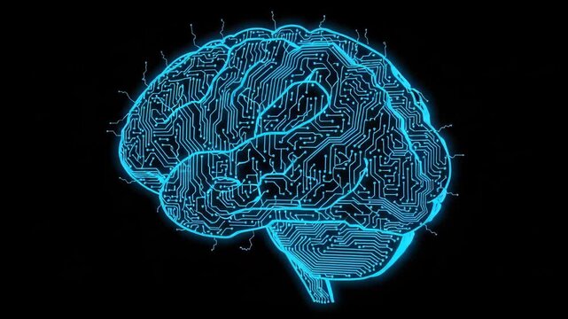 Digital brain with blue circuit board pattern on black background