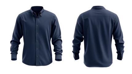 navy blue formal shirt mockup front and back view template isolated on transparent white background