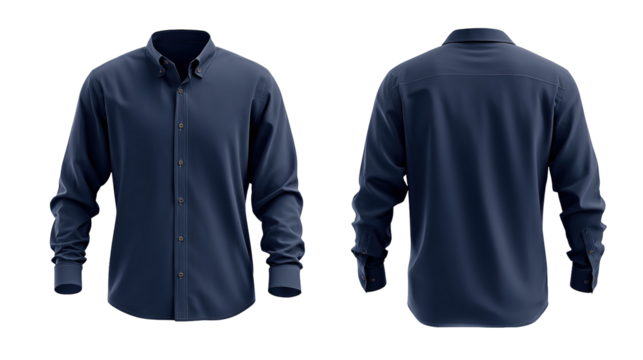 navy blue formal shirt mockup front and back view template isolated on transparent white background
