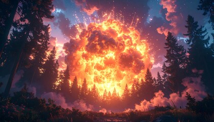 A dramatic explosion lights up the sky above a forest, with silhouetted trees framing the fiery scene
