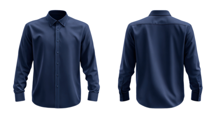 navy blue formal shirt mockup front and back view template isolated on transparent white background