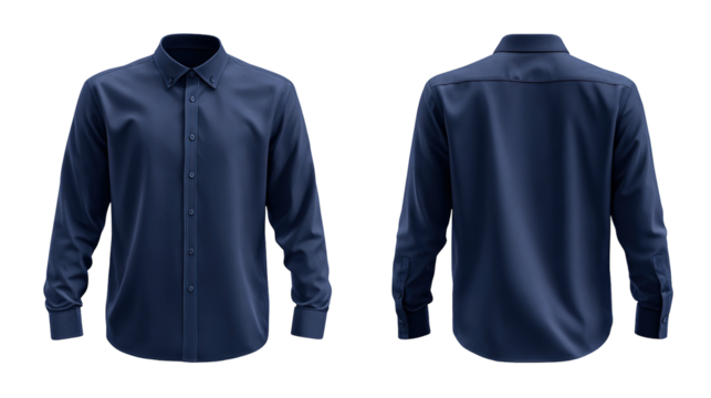 navy blue formal shirt mockup front and back view template isolated on transparent white background