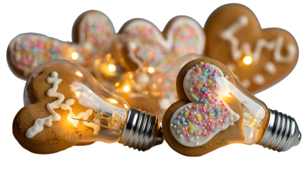 Gingerbread Lightbulbs and Cookies, isolated on transparent background