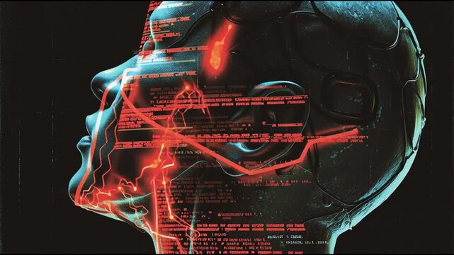 Self supervised learning. Neural network AI model training. Unsupervised data algorithm. Deep learning NLP. A digital portrait of a human face with neural network imagery.