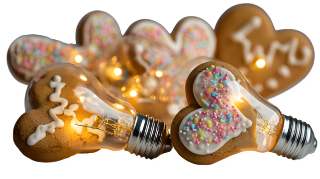 Gingerbread Lightbulbs and Cookies, isolated on transparent background
