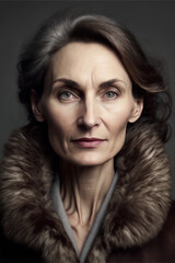 Close-up portrait of mature European white woman in fur-collar coat, studio headshot