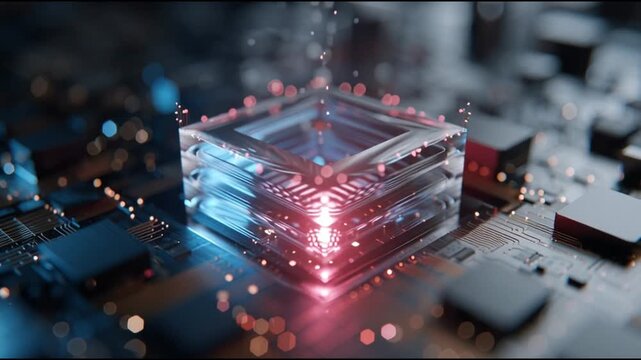 Self supervised learning. Neural network AI model training. Unsupervised data algorithm. Deep learning NLP. A glowing transparent cube on a circuit board with vibrant lights.