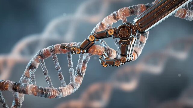 Macro shot DNA double helix rendered as neutral translucent scientific glass, robotic micro arm adjusting nucleotide segment, soft HDR, gene-based therapy