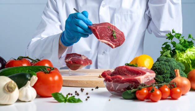 Food safety professional inspecting fresh meat quality with vibrant vegetables for food industry assurance and healthy eating promotion in laboratory