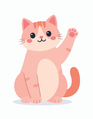 Obraz premium A cute pink cartoon cat sitting and waving its paw in a friendly gesture.