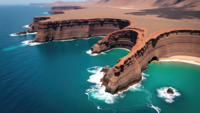 Aerial view of ocean coastline with cliffs, suitable for use in tourism or travel advertising
