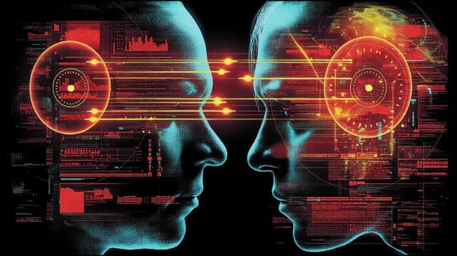 Self supervised learning. Neural network AI model training. Unsupervised data algorithm. Deep learning NLP. Two faces with digital data overlays symbolizing AI and neural networks.