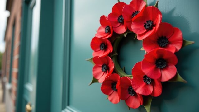 A wreath made of red flowers adorns a green door, perfect for holiday or spring decor - Powered by Adobe