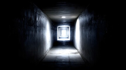 A long dark tunnel with rough concrete walls and a distant point of light.