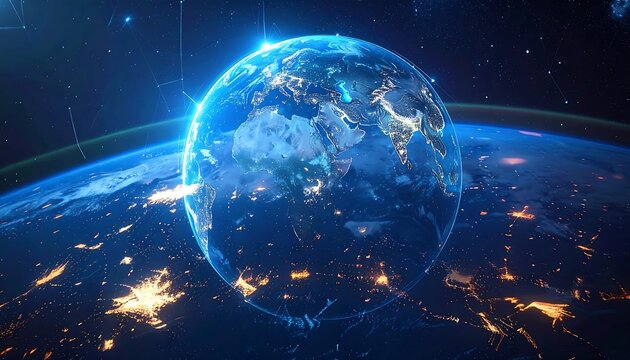 Earth from space showing city lights and atmosphere glow.