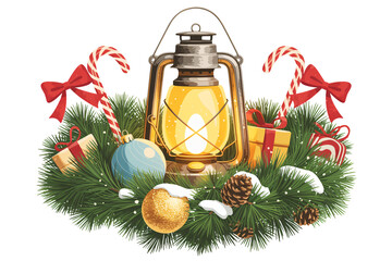 Warm glowing lantern surrounded by festive Christmas decorations, creating a cozy holiday atmosphere, perfect for seasonal designs