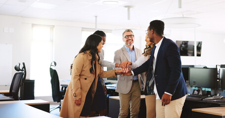 Business, people and hand stack in office for motivation, teamwork and celebration for success....