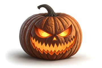 a carved jack o lantern with a glowing face isolated on white background for halloween