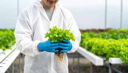 Scientist holding vibrant lettuce grown in hydroponics system, showcasing sustainable agriculture and innovative farming techniques for healthy food supply