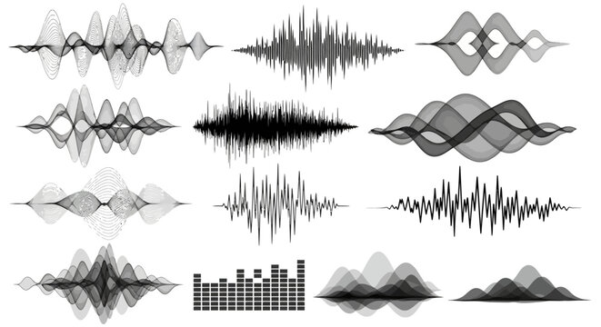 Dynamic collection of black and white sound wave forms and audio frequency visualizations representing abstract digital music and voice technology patterns