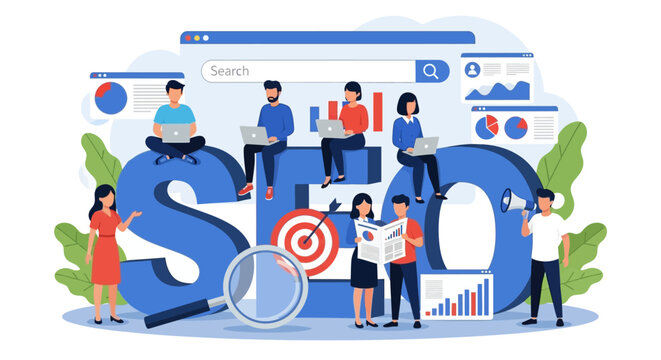 Flat vector illustration of a digital marketing team collaborating on an SEO strategy for website ranking and analytics - Powered by Adobe