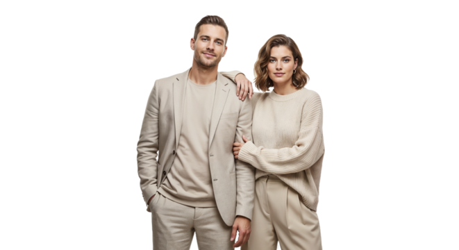 Stylish couple in neutral attire posing together in a modern studio setting under bright lighting