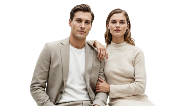 Modern couple dressed in stylish outfits posing together against a clean background