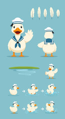 Obraz premium Cartoon sailor duck character with various poses, feathers, and swimming animation frames on a blue background.