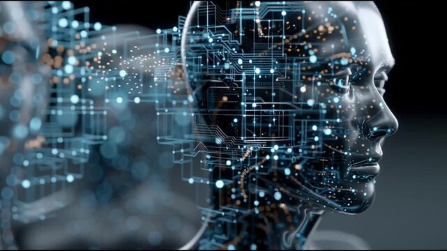 Self supervised learning. Neural network AI model training. Unsupervised data algorithm. Deep learning NLP. Futuristic digital representation of human-like figures with circuitry.