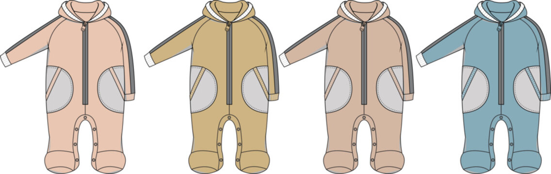 Set of four colored technical flat sketches of a baby hooded jumpsuit with long sleeves, a front zipper, and pockets. Vector fashion design template