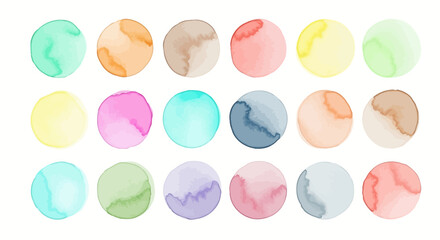 A vibrant set of isolated hand-painted watercolor circles. Colorful abstract round shapes and artistic paint stains for graphic design elements