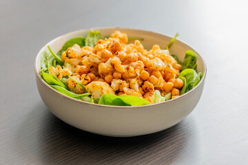 healthy fall salad with roasted cauliflower and chickpeas close up