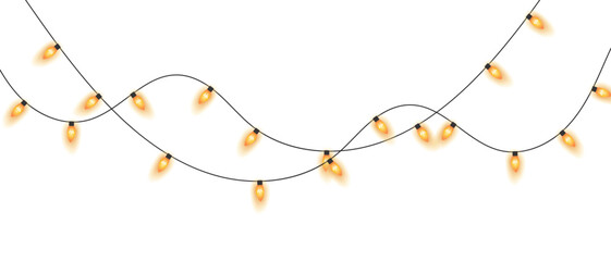 Christmas string lights, shiny, festive, soft yellow bulbs. Warm, glowing string lights hanging on black wires, Twilight glow creating a cozy, perfect for celebrations, parties holiday decorations.