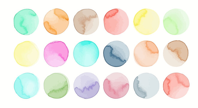 A vibrant set of isolated hand-painted watercolor circles. Colorful abstract round shapes and artistic paint stains for graphic design elements