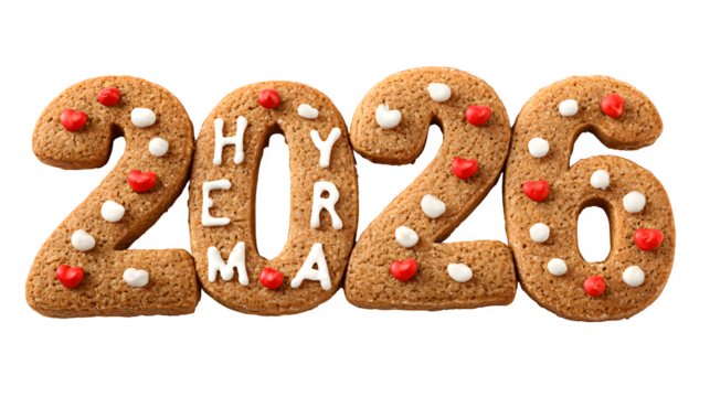 New Year 2026 Gingerbread Cookies, isolated on transparent background