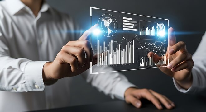 Analyzing Data on a Transparent Screen - Business Intelligence and Technology. - Powered by Adobe