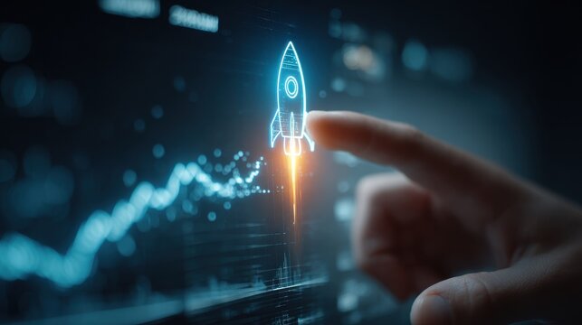 Launching New Ventures: A futuristic depiction of a hand interacting with a digital interface, activating a rocket icon symbolizing innovation and growth.
