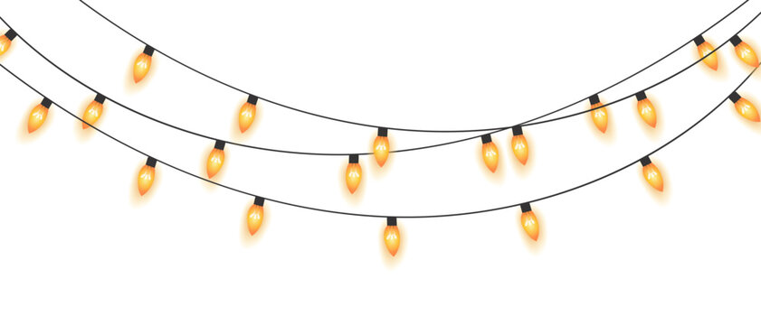 Christmas string lights, shiny, festive, soft yellow bulbs. Warm, glowing string lights hanging on black wires, Twilight glow creating a cozy, perfect for celebrations, parties holiday decorations.
