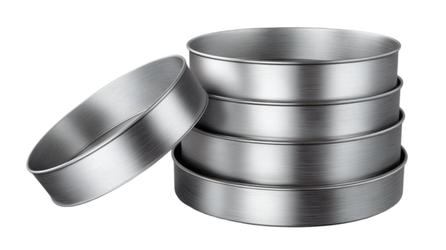Stack of stainless steel baking pans metal round cake molds kitchen cookware utensils for cooking isolated on white background