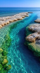 Shallow Turquoise Water Reveals Coral Formations Under Bright Sunlight Creating Ripples on Sandy Seabed