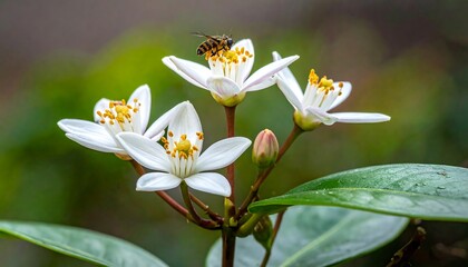 Close-up of delicate white flowers with yellow centers and a small insect hovering above one. Green foliage surrounds