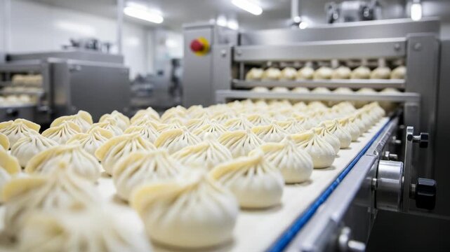 Rows of uncooked dumplings on a conveyor belt in a factory