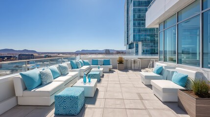 Fototapeta premium Modern Rooftop Terrace with Lounge Seating, Stunning Views, and Stylish Decor in Bright Daylight