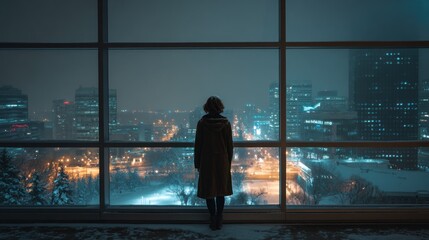 Fototapeta premium Woman gazing at winter city skyline