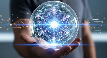 Person holding glowing digital sphere with network connections.