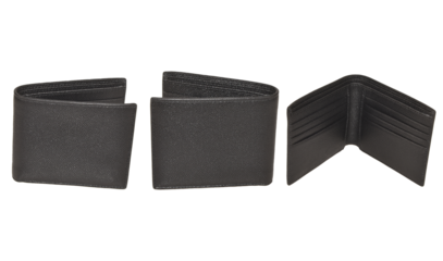 Set of Men's black leather bifold wallet, Fashion purse handbag transparent background with clipping path, wallet from Stingray blank Skin, mockup your design all side view.